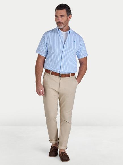 Raging Bull Bournemouth Linen Blend Regular Fit Stripe Logo Shirt, Sky Blue/White, Sky Blue/White