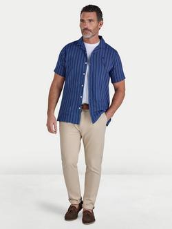 Raging Bull Linen Cotton Blend Regular Fit Athens Stripe Revere Collar Shirt, Navy, Navy