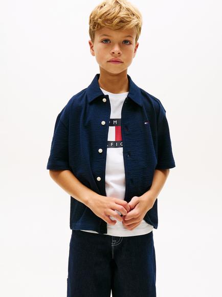 Tommy Hilfiger Kids' Jersey Seersucker Short Sleeve Shirt, Dark Blue, Dark Blue