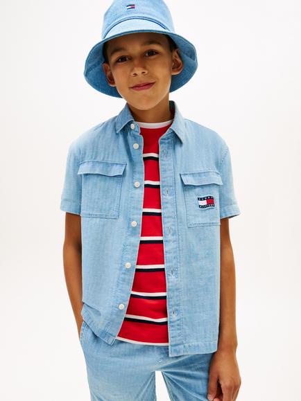 Tommy Hilfiger Kids' Wavy Flag Logo Short Sleeve Denim Cotton Shirt, Light Blue, Light Blue