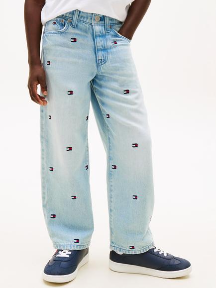 Tommy Hilfiger Kids' Flag Embroidered Baggy Jeans, Light Blue, Light Blue