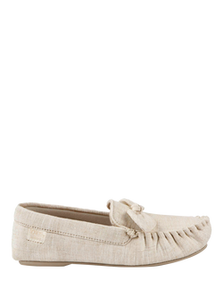 totes Isotoner Women's Linen Bow Moccasin Slippers, Stone, Stone