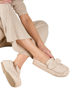 totes Isotoner Women's Linen Bow Moccasin Slippers, Stone - view 2, Stone