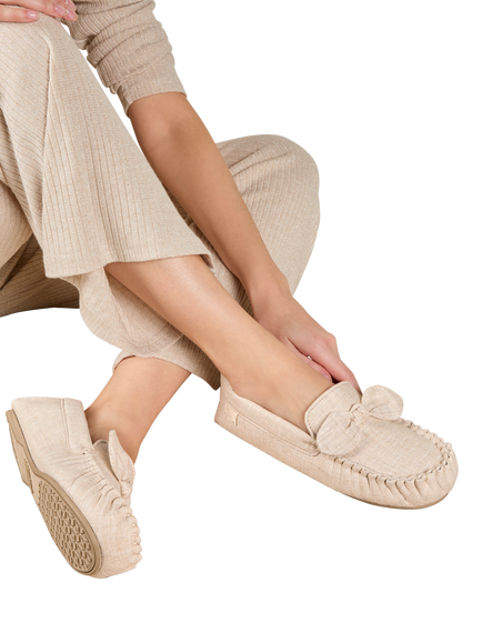 totes Isotoner Women's Linen Bow Moccasin Slippers, Stone - view 2, Stone