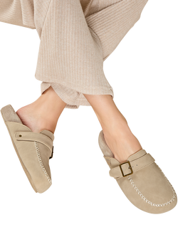 totes Isotoner Women's Suedette Open Back Moccasin Slippers, Stone - view 2, Stone