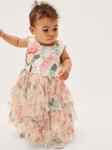 Monsoon Kids' Baby Agnes Floral Print Ruffle Tier Dress, Multi, Multi