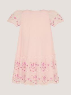 Monsoon Baby Heart Embroidered Mesh Party Dress Pink, Pink
