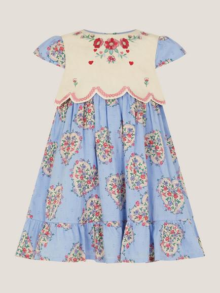 Monsoon Baby Heart Print Embroidered Panel Dress, Blue, Blue