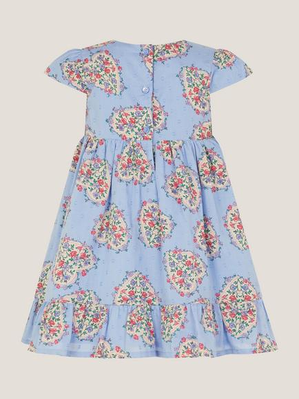 Monsoon Baby Heart Print Embroidered Panel Dress, Blue - view 2, Blue