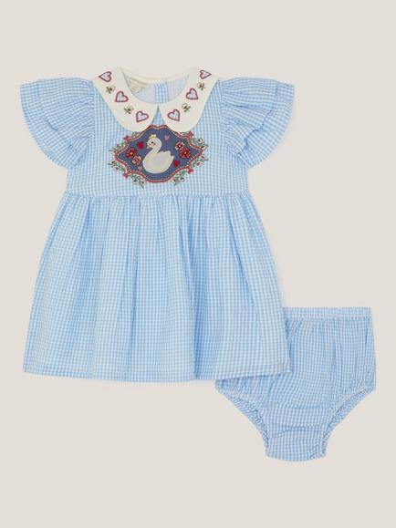Monsoon Baby Swan Embroidered Dress Set, Blue/White, Blue/White