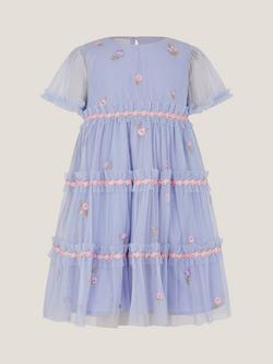 Monsoon Kids' Floral Embroidered Floral Tulle Tier Dress, Blue, Blue
