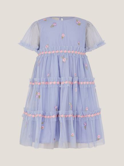 Monsoon Kids' Floral Embroidered Floral Tulle Tier Dress, Blue, Blue