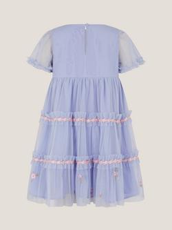 Monsoon Kids' Floral Embroidered Floral Tulle Tier Dress, Blue - view 2, Blue