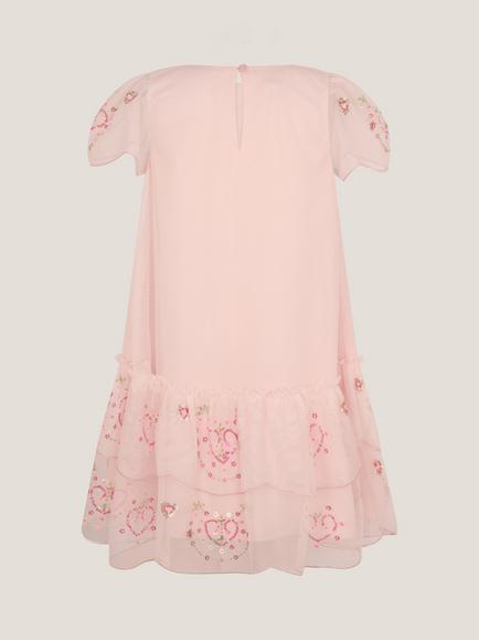 Monsoon Kids' Heart Embellished Mesh Party Dress, Pink - view 2, Pink
