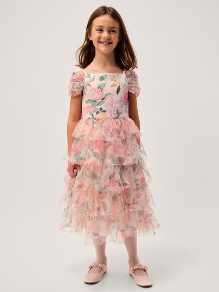 Monsoon Kids' Agnes Floral Print Ruffle Tier Dress, Multi