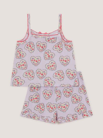 Monsoon Kids' Heart Print Pointelle Short Pyjama Set, Lilac - view 2, Lilac
