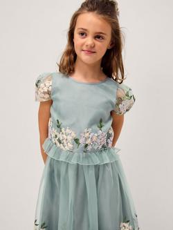 Monsoon Kids' Floral Embroidered Party Top, Sage, Sage