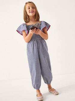 Monsoon Kids' Floral Embroidered Gingham Jumpsuit, Navy, Navy