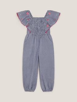 Monsoon Kids' Floral Embroidered Gingham Jumpsuit, Navy - view 2, Navy