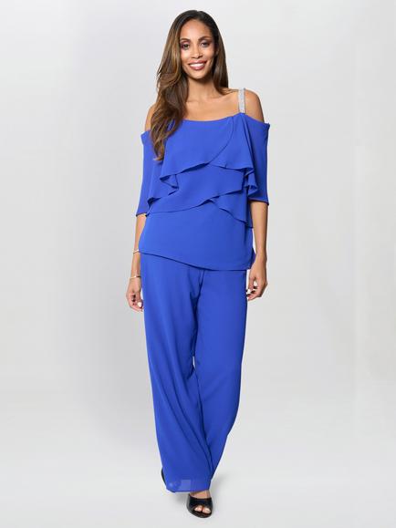 Gina Bacconi Darla Frill Top & Trousers Set, Royal, Royal