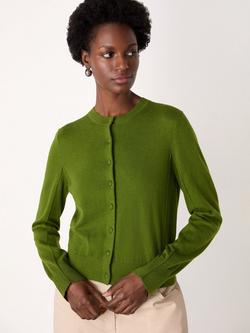 Whistles Crew Neck Fine Gauge Cardigan, Green, Green
