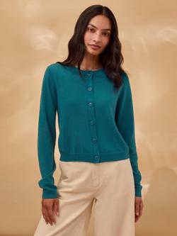 Celtic & Co. Crew Neck Fine Knit Pure Wool Cardigan, Teal, Teal