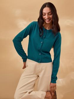 Celtic & Co. Crew Neck Fine Knit Pure Wool Cardigan, Teal - view 2, Teal