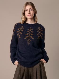Celtic & Co. Botanical Leaf Jacquard Pure Wool Jumper, Navy/Olive