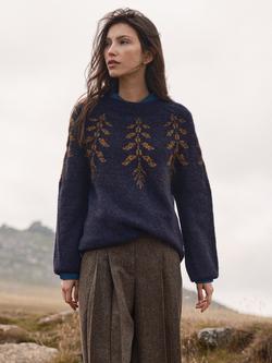 Celtic & Co. Botanical Leaf Jacquard Pure Wool Jumper - view 2, Navy/Olive