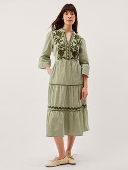 Monsoon Gaia Gingham Tiered Midi Dress, Green, Green
