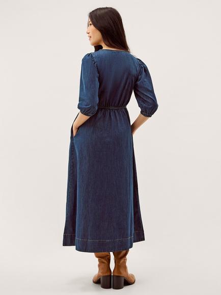 Monsoon Lily Square Neck Denim Midi Dress, Indigo - view 2, Indigo