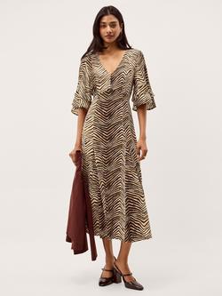 Monsoon Pippa V-Neck Zebra Print Midi Dress, Khaki, Khaki