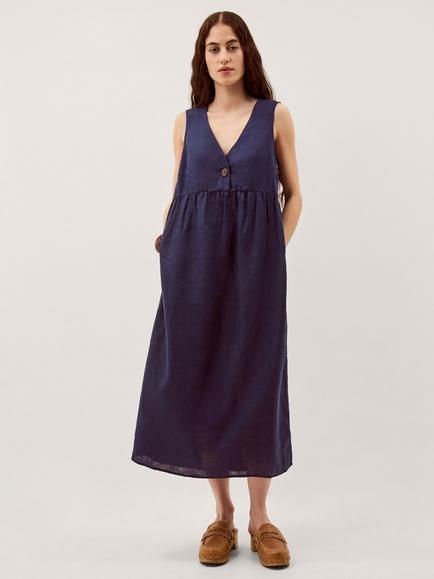 Monsoon Posey Button Detail Pure Linen Dress, Navy, Navy