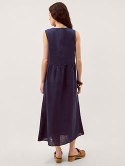 Monsoon Posey Button Detail Pure Linen Dress, Navy - view 2, Navy