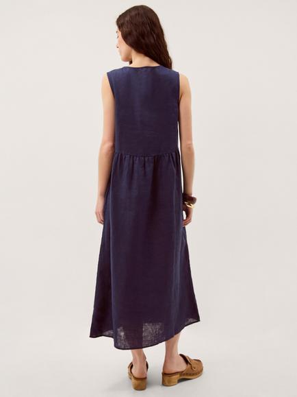 Monsoon Posey Button Detail Pure Linen Dress, Navy - view 2, Navy
