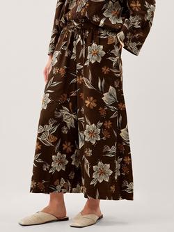 Monsoon Esther Floral Linen Rich Trousers containing LENZING™ ECOVERO™ Viscose, Chocolate, Chocolate