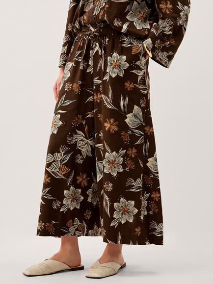 Monsoon Esther Floral Linen Rich Trousers containing LENZING™ ECOVERO™ Viscose, Chocolate, Chocolate