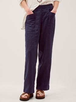 Monsoon Lucy Straight Pure Linen Trousers, Navy