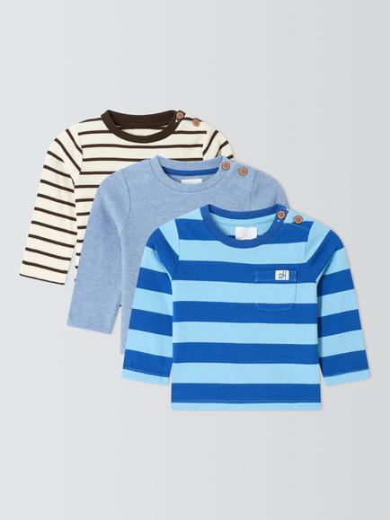 John Lewis Baby Stripe Long Sleeve Top, Pack of 3, Multi Prints, Multi Prints