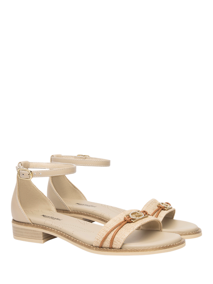 NeroGiardini Bitonto Leather and Canvas Strappy Sandals, Cream - view 2, Cream