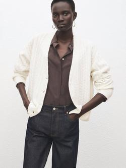 Mango V-Neck Cable Knit Cardigan, Raw, Raw