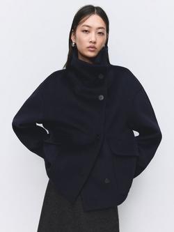 Mango Funnel Neck Cropped Wool Blend Coat, Navy, Navy
