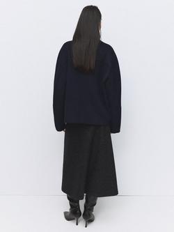 Mango Funnel Neck Cropped Wool Blend Coat, Navy - view 2, Navy
