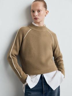 Mango High Neck Stripe Sleeve Jumper, Camel