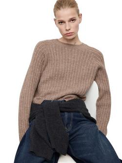 Mango Crew Neck Rib Relaxed Fit Jumper, Brown, Brown