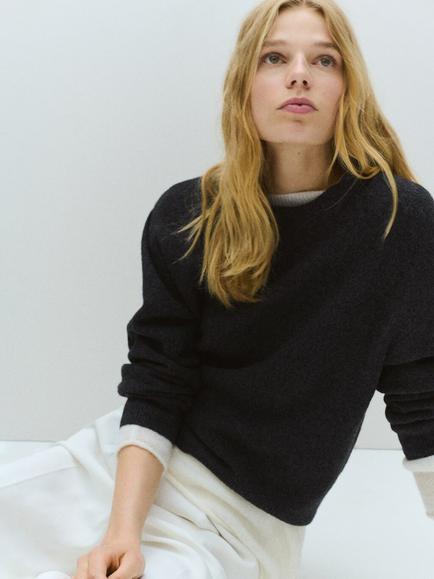 Mango Sculpted Crew Neck Jumper, Anthracite