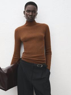 Mango High Neck Ribbed Jumper, Caramel