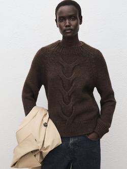 Mango Crew Neck Cable Knit Jumper, Brown, Brown