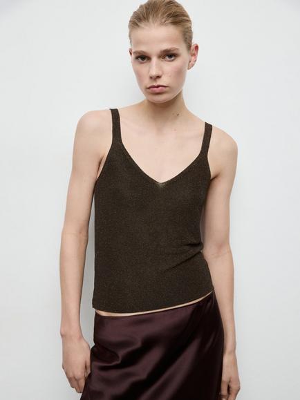 Mango V-Neck Cropped Knit Vest Top, Chocolate, Chocolate