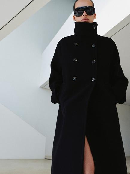 Mango Funnel Neck Double Breasted Wool Blend Coat, Black, Black